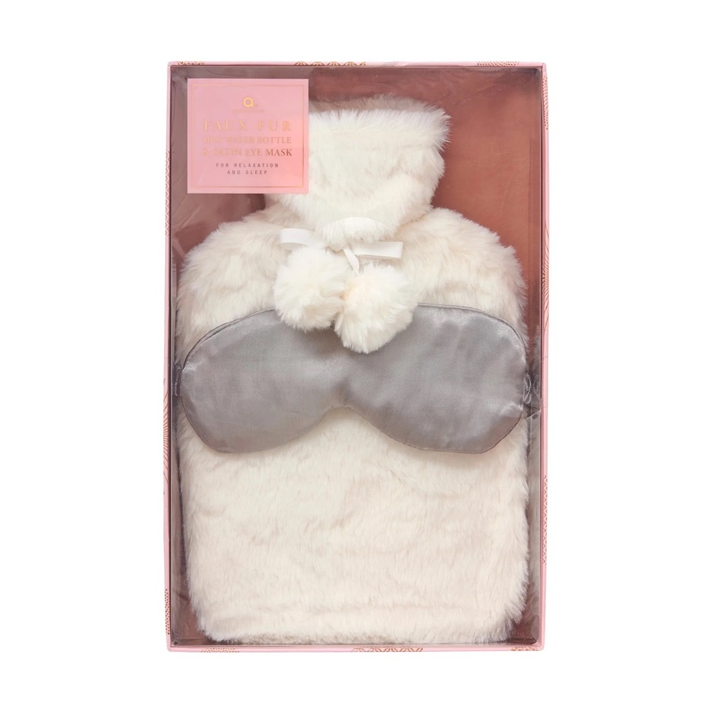 Aroma Home Cream Faux Fur Cover with Hot Water Bottle 2L w/ Satin Eye Mask Gift